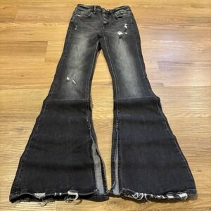 Flying Monkey Jeans Women 24 Black Mid Rise Flare Stretch Distressed Denim 24x31